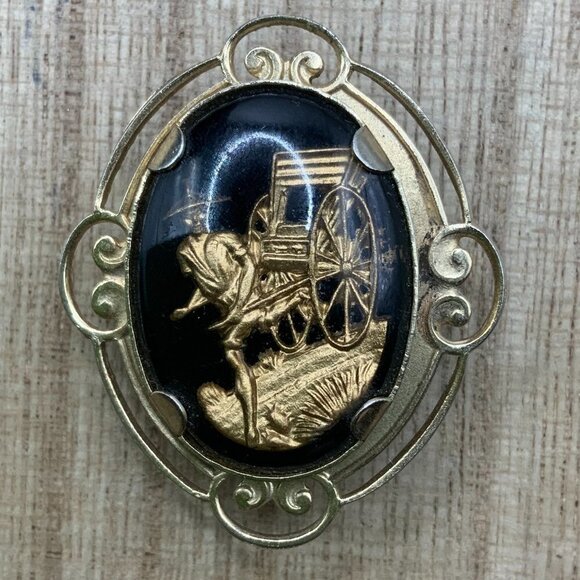 Vintage Jewelry - Asian Richsaw Vintage Gold Tone Black Resin Encased Pin